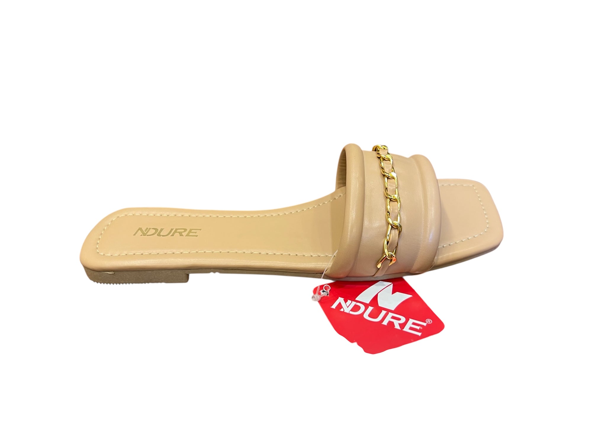 INDURE Nude Slip-On Sandals with Gold Chain – Elegant & Minimalist Flats