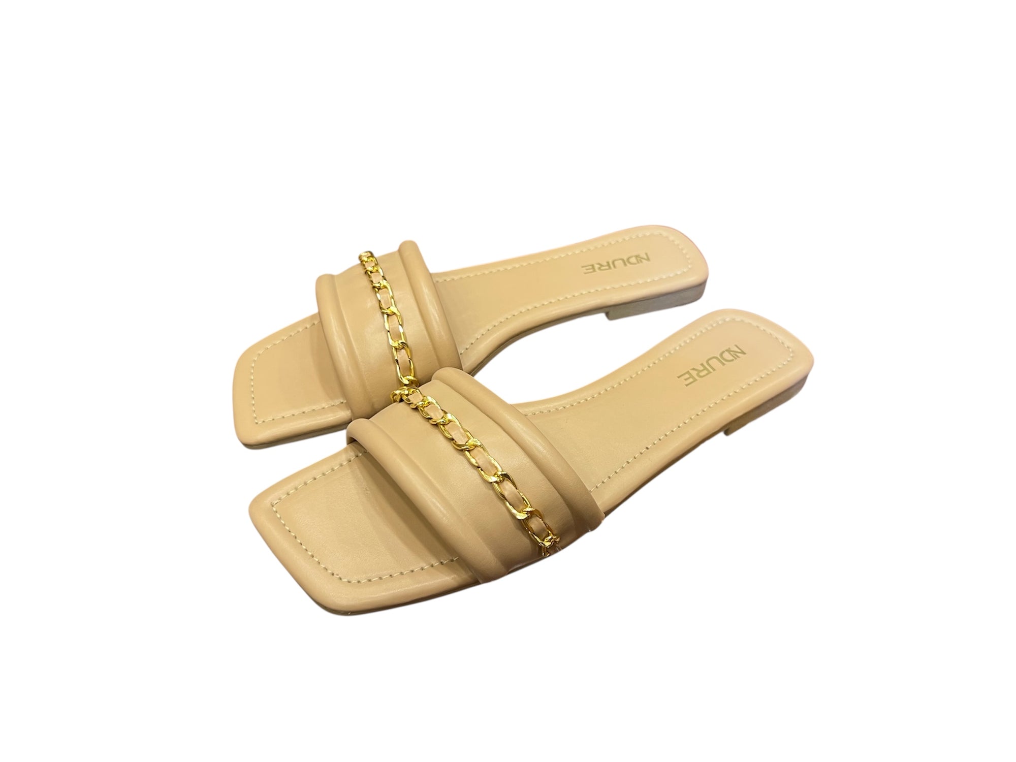 INDURE Nude Slip-On Sandals with Gold Chain – Elegant & Minimalist Flats