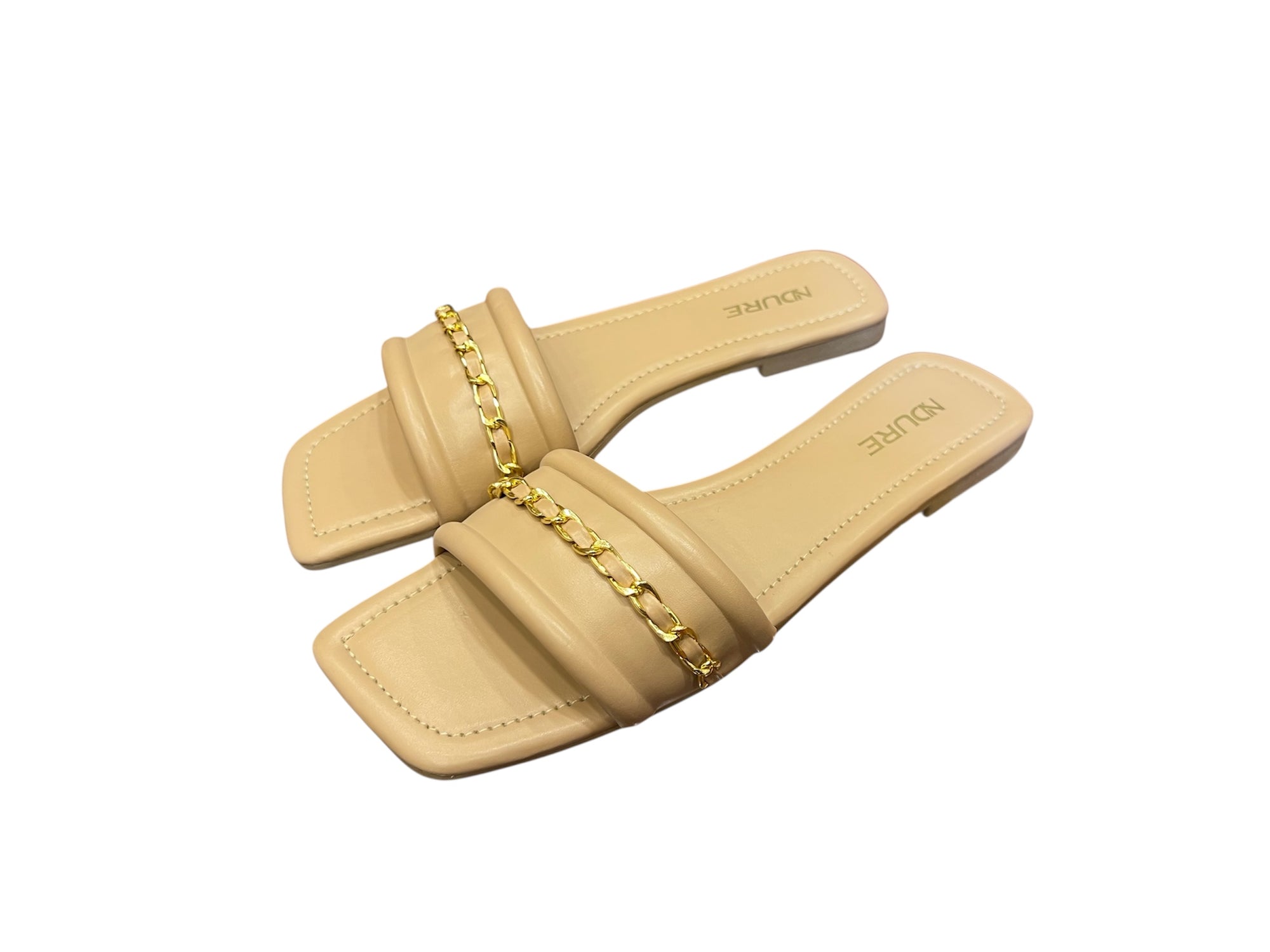 INDURE Nude Slip-On Sandals with Gold Chain – Elegant & Minimalist Flats